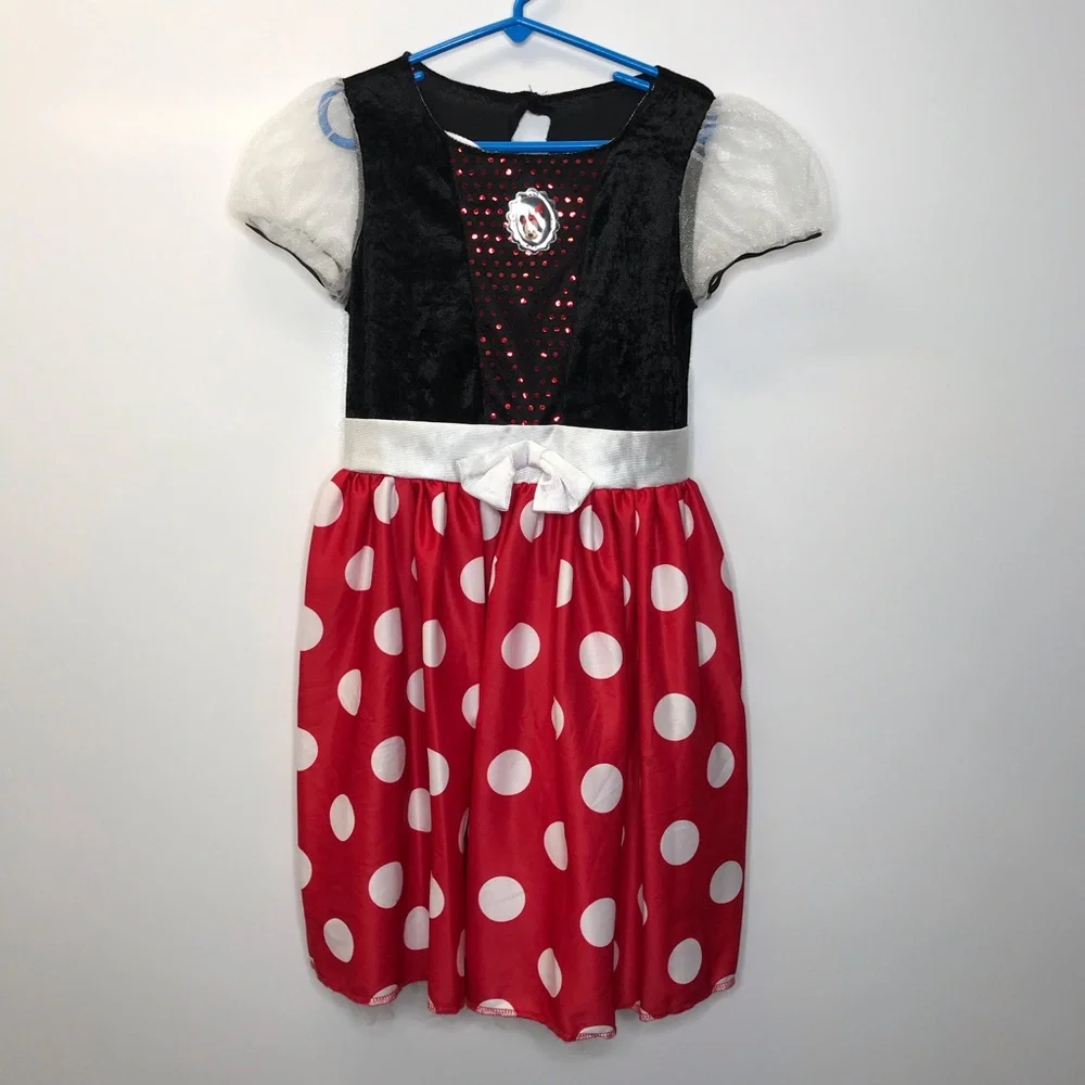 Disney Minnie Mouse dress red black white polka dot short mesh sleeves small
